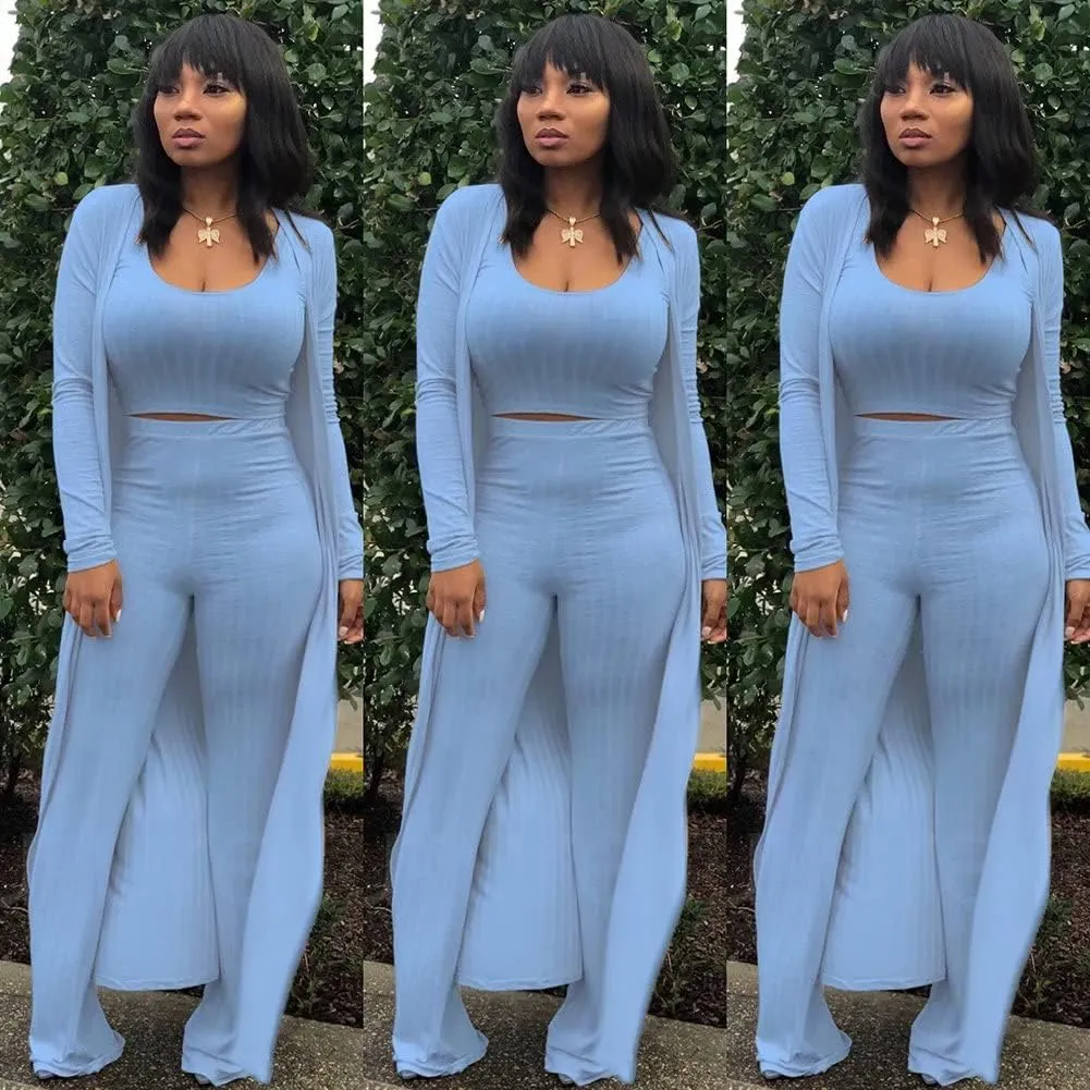 ThusFar Women 3 Piece Outfits Ottoman Rib Open Front Cardigan Cover Up Crop Tank Tops Wide Leg Palazzo Pant Set Jumpsuit