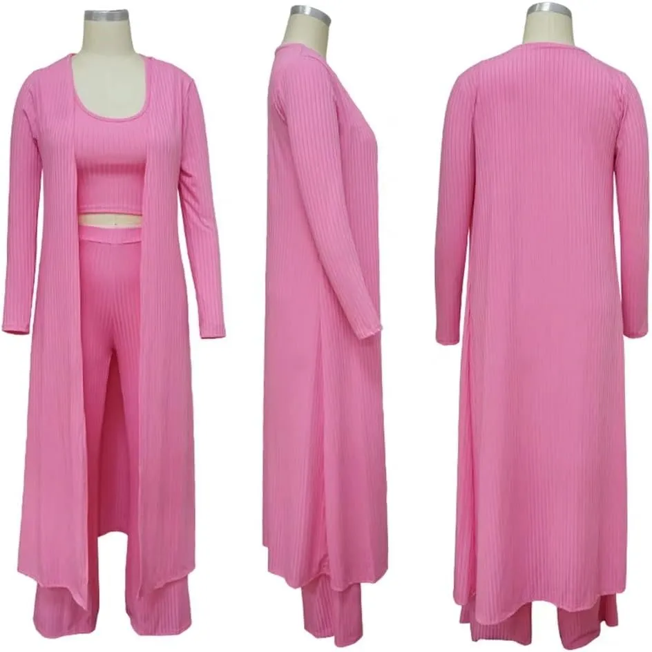 ThusFar Women 3 Piece Outfits Ottoman Rib Open Front Cardigan Cover Up Crop Tank Tops Wide Leg Palazzo Pant Set Jumpsuit