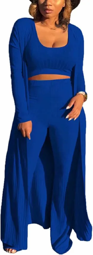 ThusFar Women 3 Piece Outfits Ottoman Rib Open Front Cardigan Cover Up Crop Tank Tops Wide Leg Palazzo Pant Set Jumpsuit