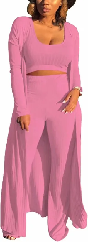 ThusFar Women 3 Piece Outfits Ottoman Rib Open Front Cardigan Cover Up Crop Tank Tops Wide Leg Palazzo Pant Set Jumpsuit