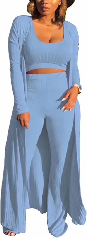 ThusFar Women 3 Piece Outfits Ottoman Rib Open Front Cardigan Cover Up Crop Tank Tops Wide Leg Palazzo Pant Set Jumpsuit