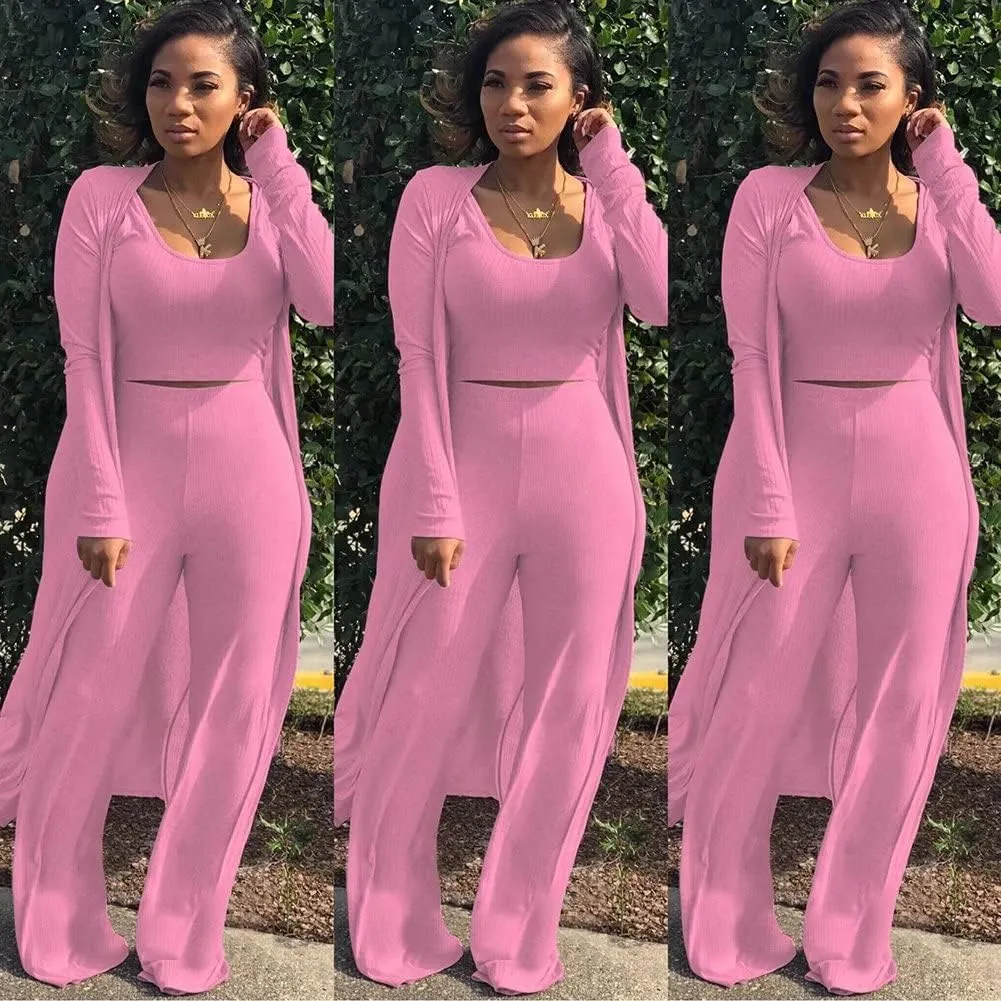 ThusFar Women 3 Piece Outfits Ottoman Rib Open Front Cardigan Cover Up Crop Tank Tops Wide Leg Palazzo Pant Set Jumpsuit