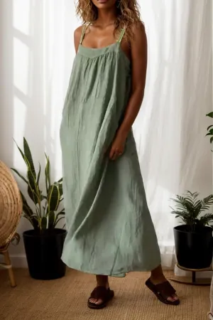 TIAFORD Women Cotton Linen Spaghetti Strap Maxi Dress Summer Casual Sleeveless Loose Flowy Beach Tunic Sun Dress with Pocket