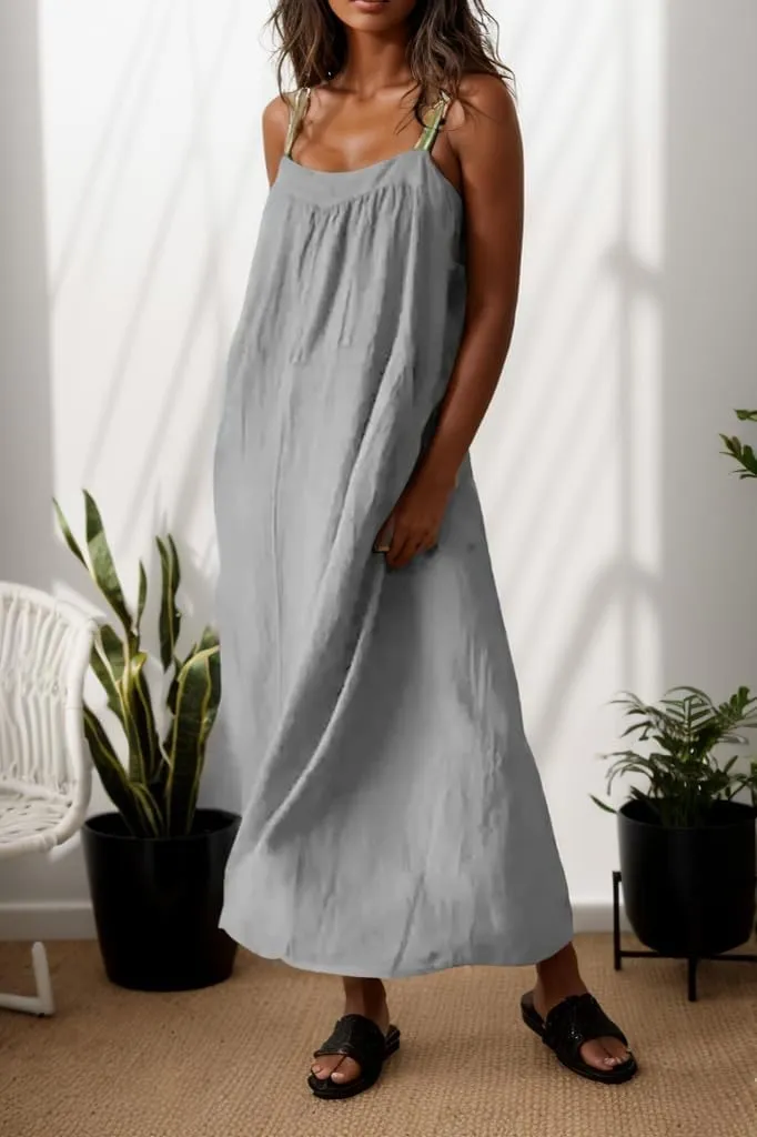 TIAFORD Women Cotton Linen Spaghetti Strap Maxi Dress Summer Casual Sleeveless Loose Flowy Beach Tunic Sun Dress with Pocket