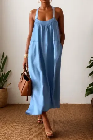 TIAFORD Women Cotton Linen Spaghetti Strap Maxi Dress Summer Casual Sleeveless Loose Flowy Beach Tunic Sun Dress with Pocket