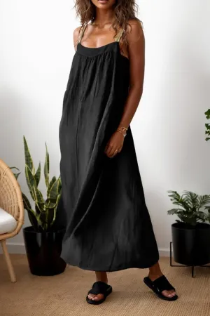 TIAFORD Women Cotton Linen Spaghetti Strap Maxi Dress Summer Casual Sleeveless Loose Flowy Beach Tunic Sun Dress with Pocket