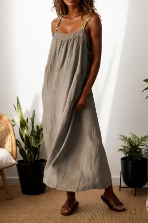 TIAFORD Women Cotton Linen Spaghetti Strap Maxi Dress Summer Casual Sleeveless Loose Flowy Beach Tunic Sun Dress with Pocket