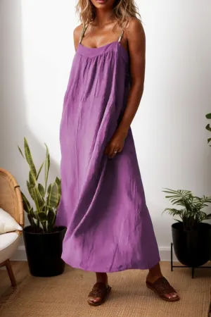 TIAFORD Women Cotton Linen Spaghetti Strap Maxi Dress Summer Casual Sleeveless Loose Flowy Beach Tunic Sun Dress with Pocket