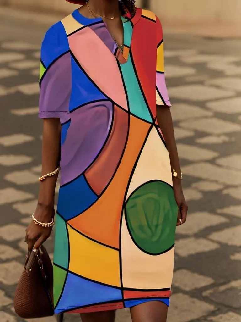 TIAFORD Women Plus Size Marble Print V Neck Midi Dress Casual Half Sleeve Boho Tunic Shift Dresses Flowy Beach Dress