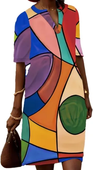TIAFORD Women Plus Size Marble Print V Neck Midi Dress Casual Half Sleeve Boho Tunic Shift Dresses Flowy Beach Dress