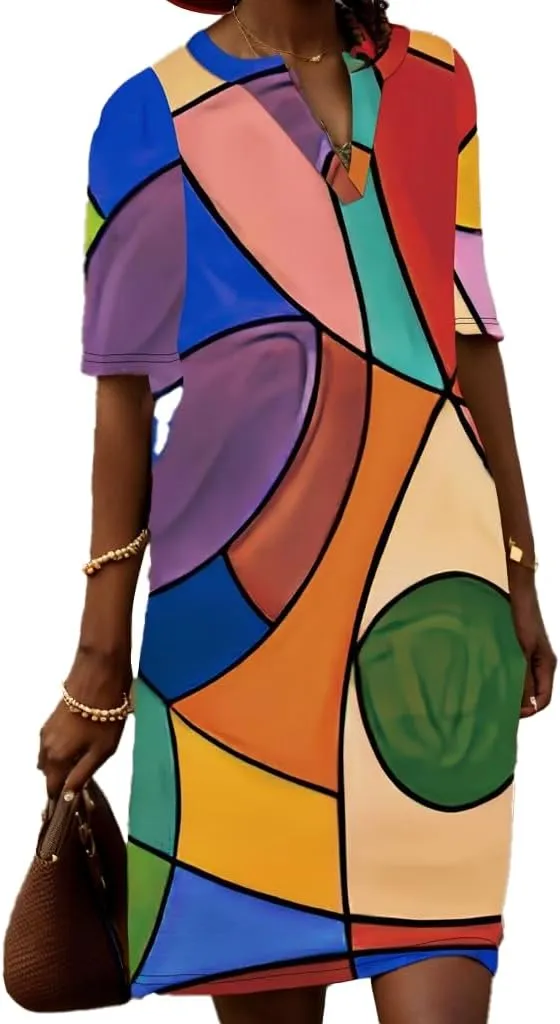TIAFORD Women Plus Size Marble Print V Neck Midi Dress Casual Half Sleeve Boho Tunic Shift Dresses Flowy Beach Dress