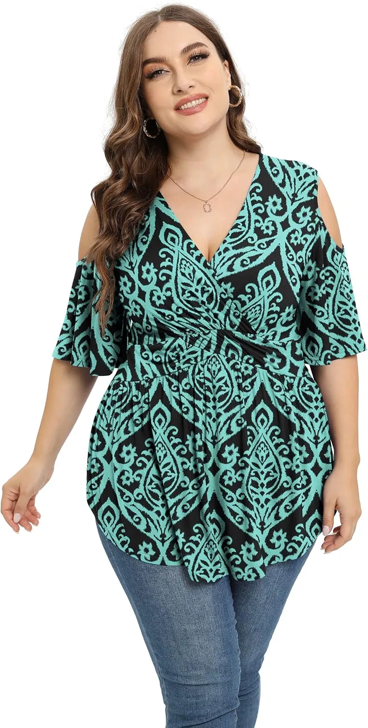 TIANZHU Plus Size Tops for Women Sexy Empire Waist Dressy Short Sleeve Shirts with Cold Shoulder Detail