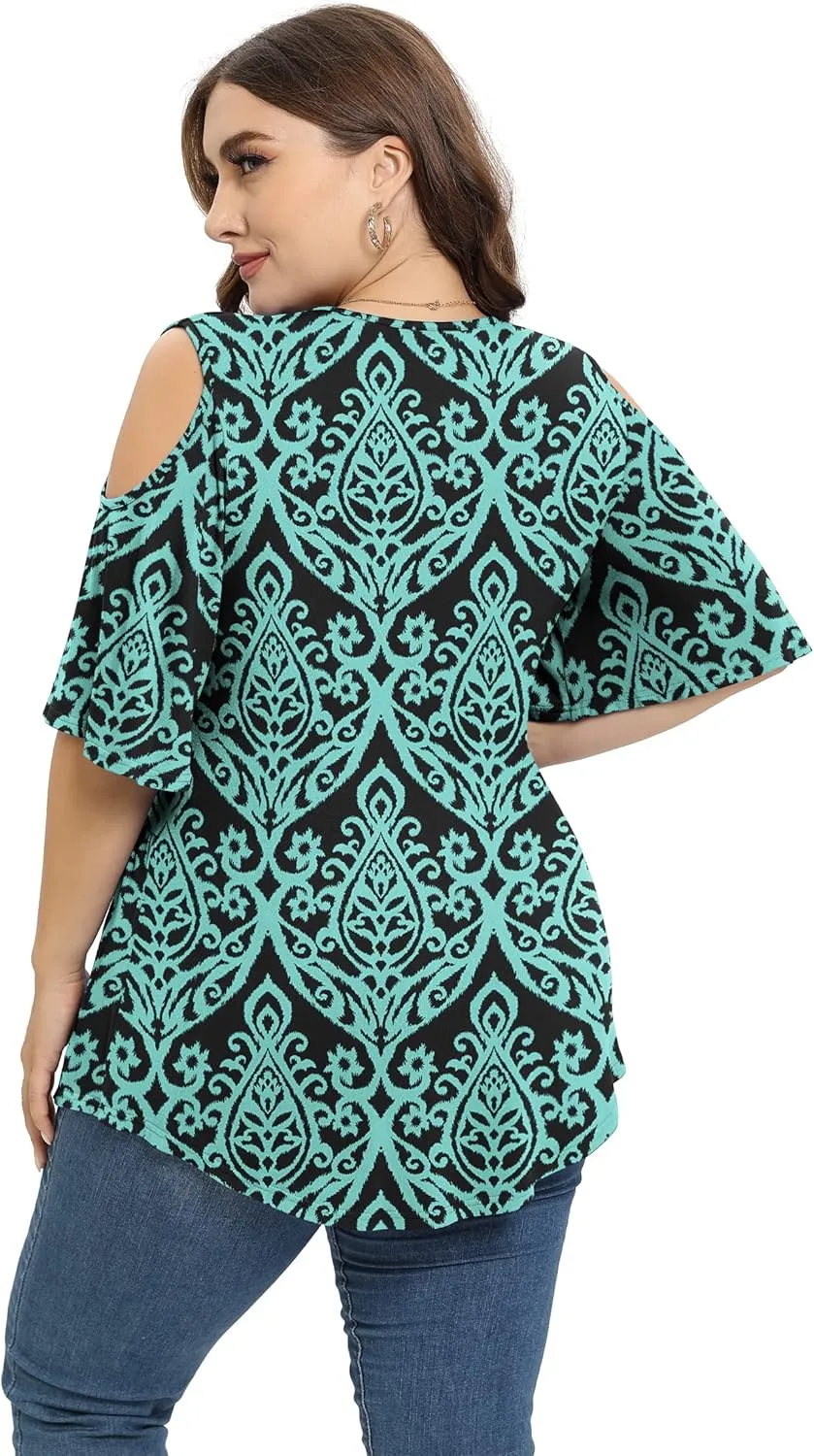 TIANZHU Plus Size Tops for Women Sexy Empire Waist Dressy Short Sleeve Shirts with Cold Shoulder Detail