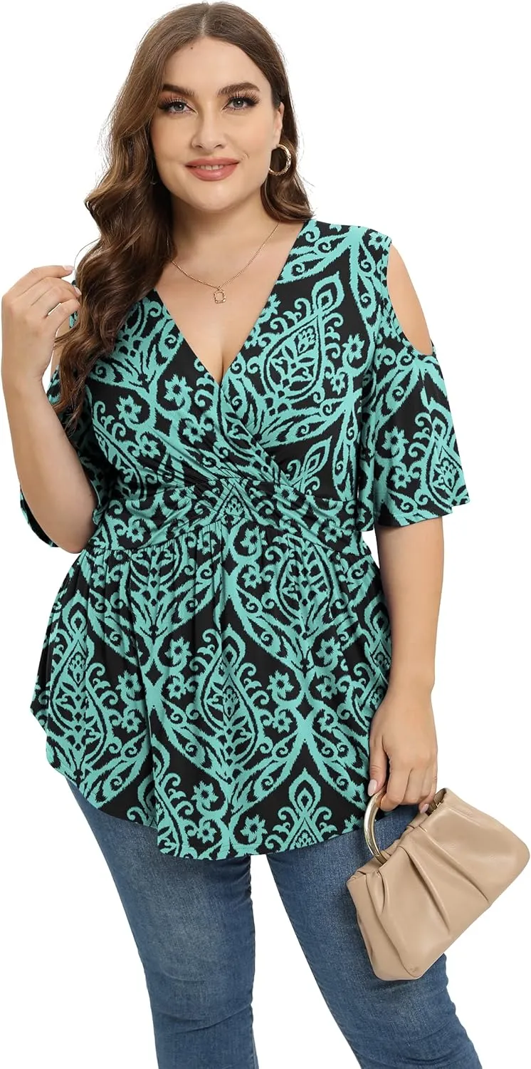 TIANZHU Plus Size Tops for Women Sexy Empire Waist Dressy Short Sleeve Shirts with Cold Shoulder Detail