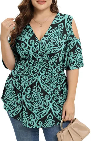 TIANZHU Plus Size Tops for Women Sexy Empire Waist Dressy Short Sleeve Shirts with Cold Shoulder Detail