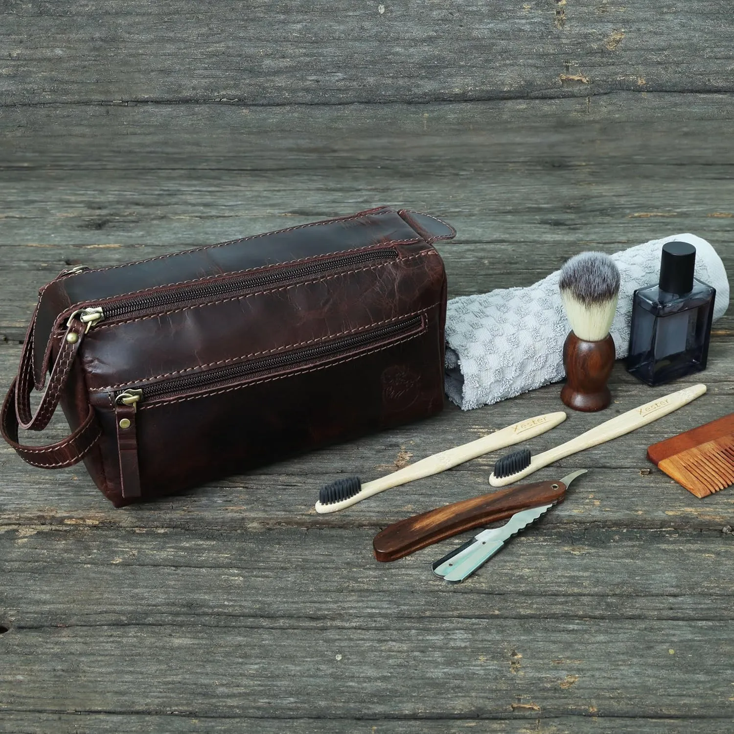 Toiletry Bag | Leather Dopp Kit for Men & Women  Water-Resistant, Durable & Stylish  Travel Organizer with Multiple Compartments | Grooming Essentials, Shaving & Makeup Pouch (Brown)