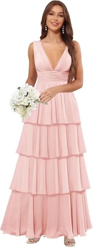 TORYEMY Chiffon V Neck Bridesmaid Dresses Long Ruffle Tiered Prom Dress A Line Formal Evening Gown for Women