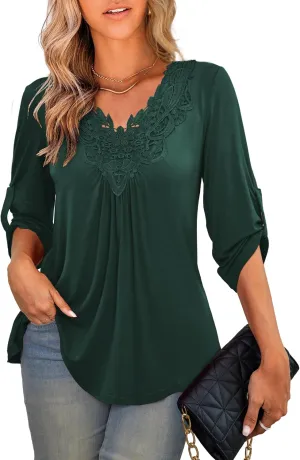 Tralilbee Women's Plus Size Tunic Tops 3/4 Roll Sleeve Shirts Lace Crochet V Neck Casual Blouses