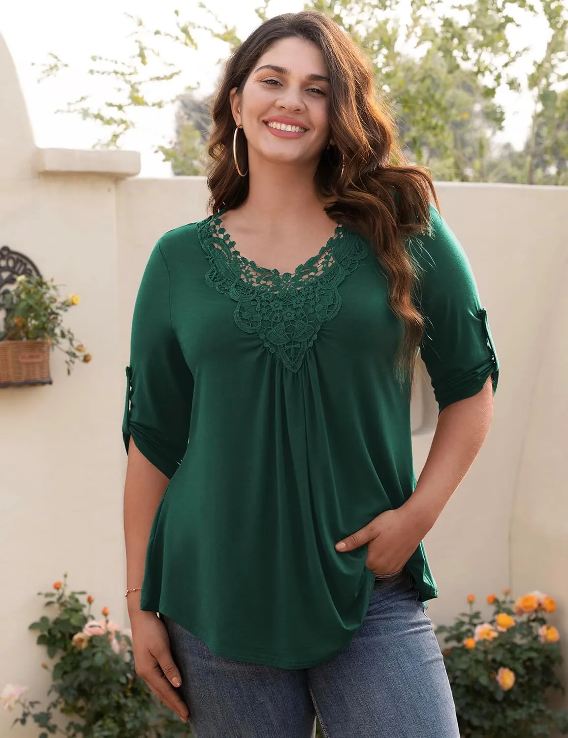 Tralilbee Women's Plus Size Tunic Tops 3/4 Roll Sleeve Shirts Lace Crochet V Neck Casual Blouses