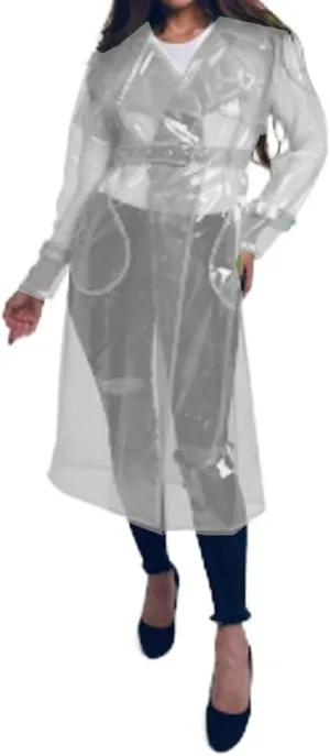 Transparent Long Coat Perspective Raincoats Jackets Women Clubwear Party Sexy Lingerie Clear PVC Trench Jacket with Belt