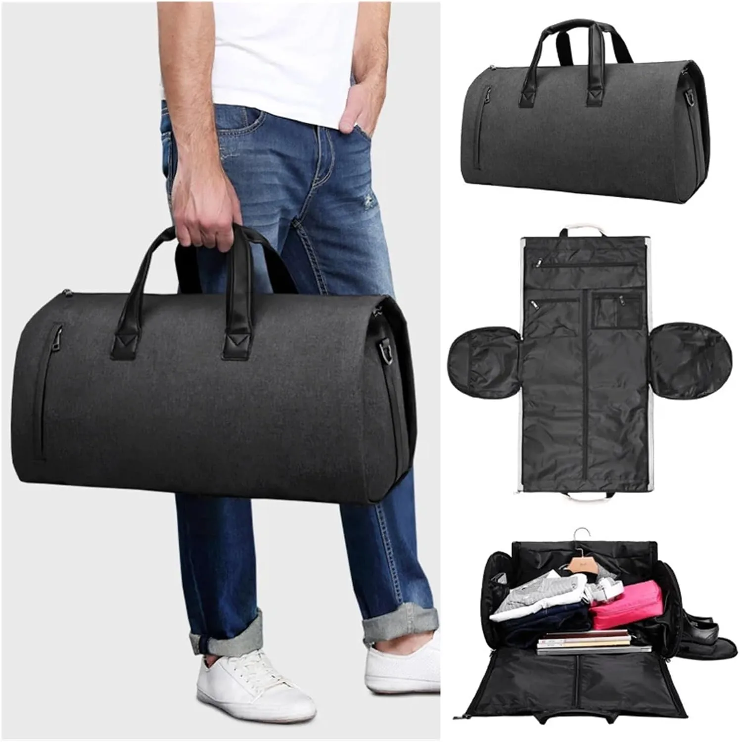 Travel Bag Convertible Garment Bags For Travel Large Capacity Duffel Bag With Shoe Pouch Weekend Business Trip Luggage Carry On Tote(Black Gray)