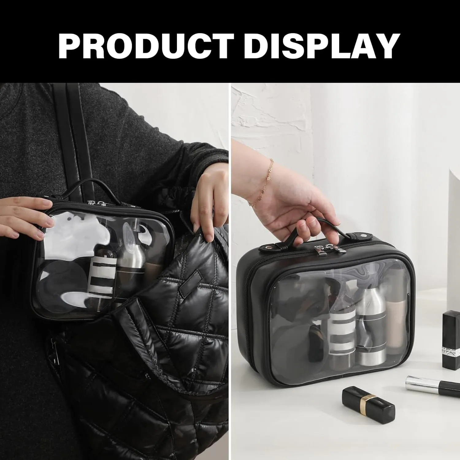 Travel Cosmetic Bag Large Capacity Waterproof Double Layer Makeup Organizer with Zippered Clear Toiletry Case for Women