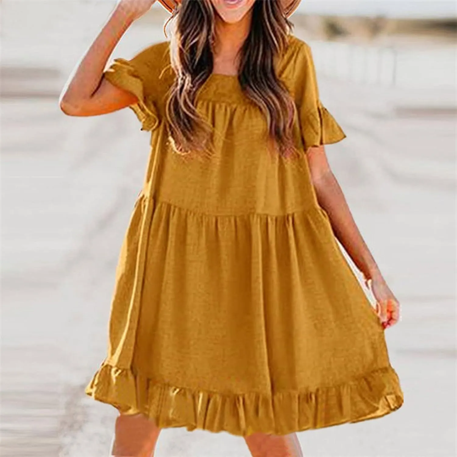 tuduoms Womens Cotton Babydoll Mini Dress U Neck Short Sleeve Ruffle Pleated Tiered Swing Tunic Casual Loose Shift Dresses