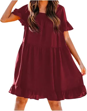 tuduoms Womens Cotton Babydoll Mini Dress U Neck Short Sleeve Ruffle Pleated Tiered Swing Tunic Casual Loose Shift Dresses