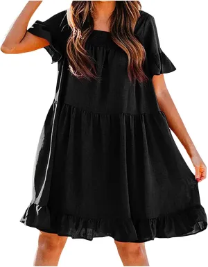 tuduoms Womens Cotton Babydoll Mini Dress U Neck Short Sleeve Ruffle Pleated Tiered Swing Tunic Casual Loose Shift Dresses
