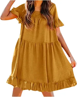 tuduoms Womens Cotton Babydoll Mini Dress U Neck Short Sleeve Ruffle Pleated Tiered Swing Tunic Casual Loose Shift Dresses