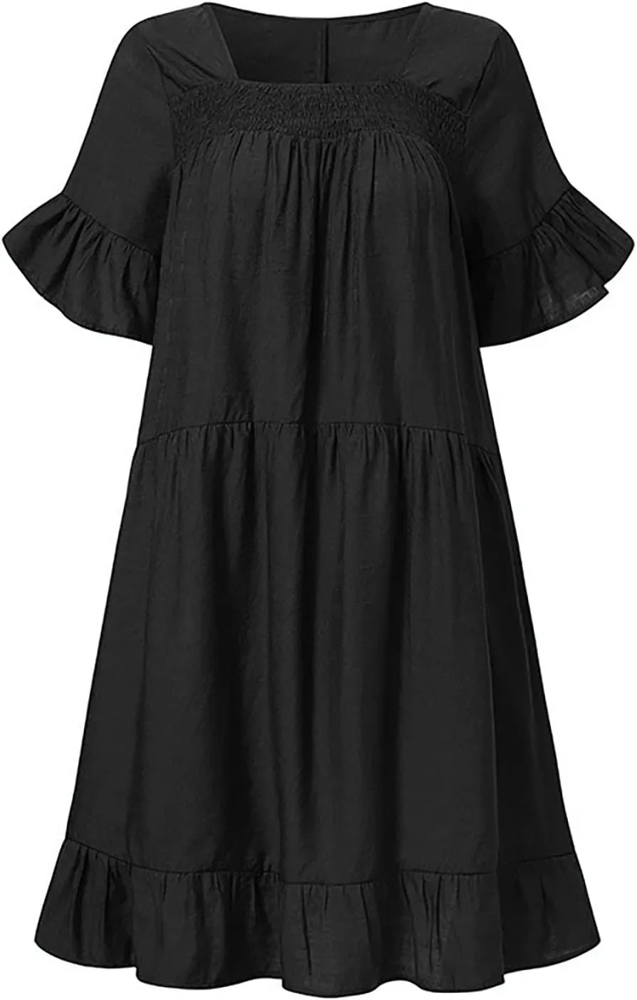 tuduoms Womens Cotton Babydoll Mini Dress U Neck Short Sleeve Ruffle Pleated Tiered Swing Tunic Casual Loose Shift Dresses