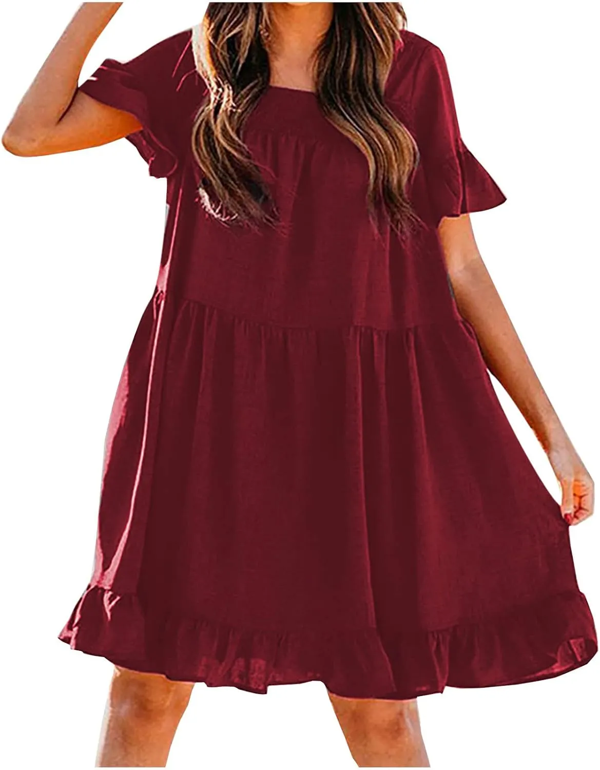 tuduoms Womens Cotton Babydoll Mini Dress U Neck Short Sleeve Ruffle Pleated Tiered Swing Tunic Casual Loose Shift Dresses