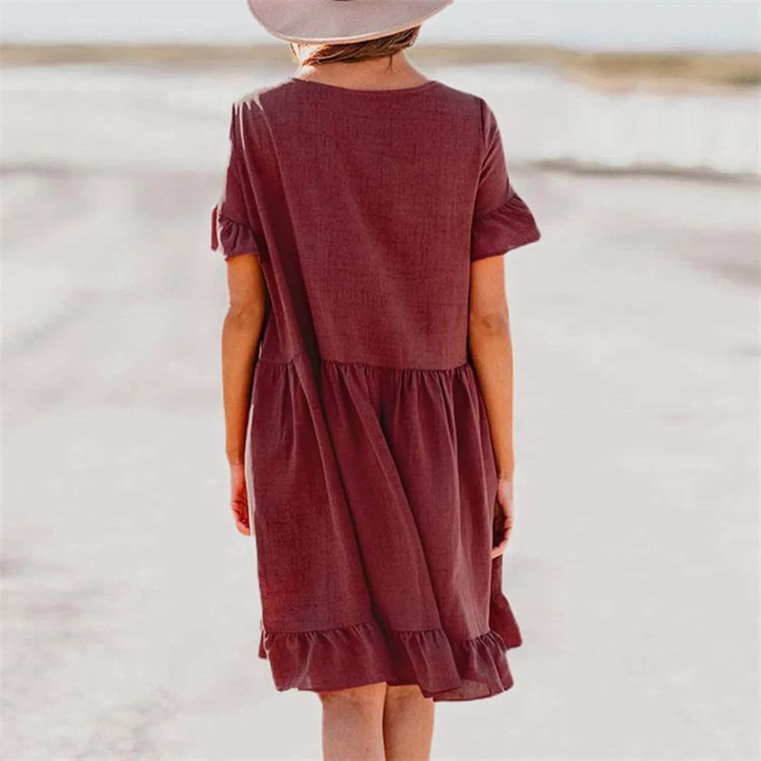 tuduoms Womens Cotton Babydoll Mini Dress U Neck Short Sleeve Ruffle Pleated Tiered Swing Tunic Casual Loose Shift Dresses