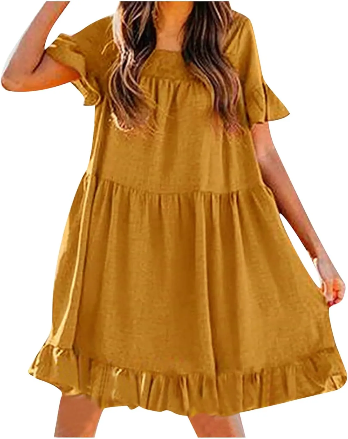 tuduoms Womens Cotton Babydoll Mini Dress U Neck Short Sleeve Ruffle Pleated Tiered Swing Tunic Casual Loose Shift Dresses