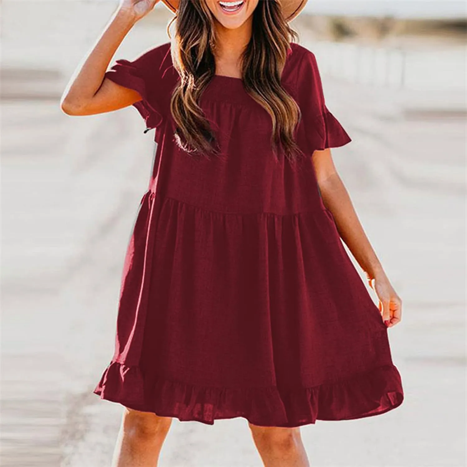 tuduoms Womens Cotton Babydoll Mini Dress U Neck Short Sleeve Ruffle Pleated Tiered Swing Tunic Casual Loose Shift Dresses