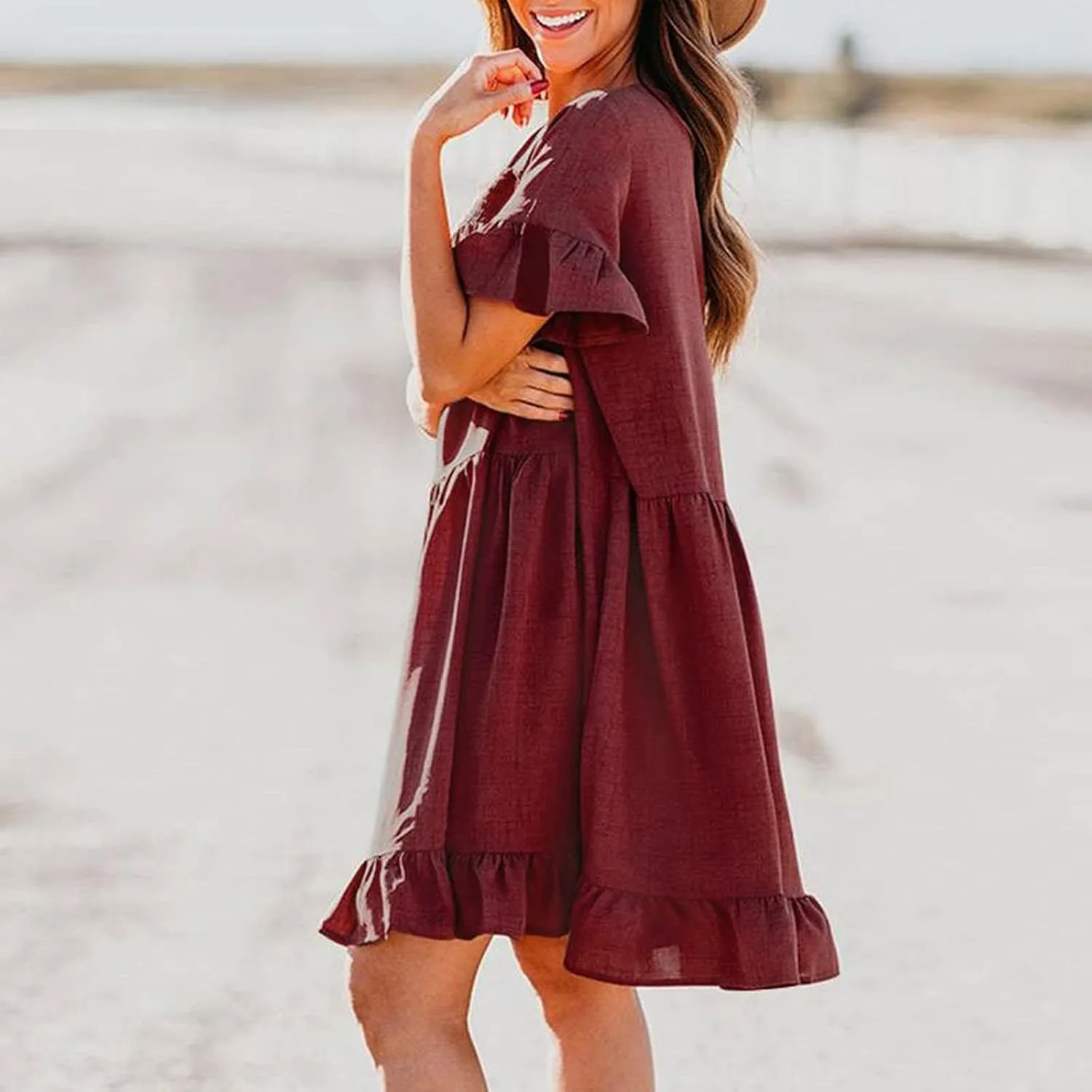 tuduoms Womens Cotton Babydoll Mini Dress U Neck Short Sleeve Ruffle Pleated Tiered Swing Tunic Casual Loose Shift Dresses