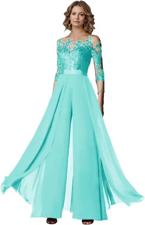 Two Piece Mother of The Bride Wedding Pant Suits with 3/4 Long Sleeves Elegant Formal Jumpsuits Set for Women