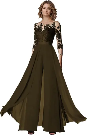 Two Piece Mother of The Bride Wedding Pant Suits with 3/4 Long Sleeves Elegant Formal Jumpsuits Set for Women