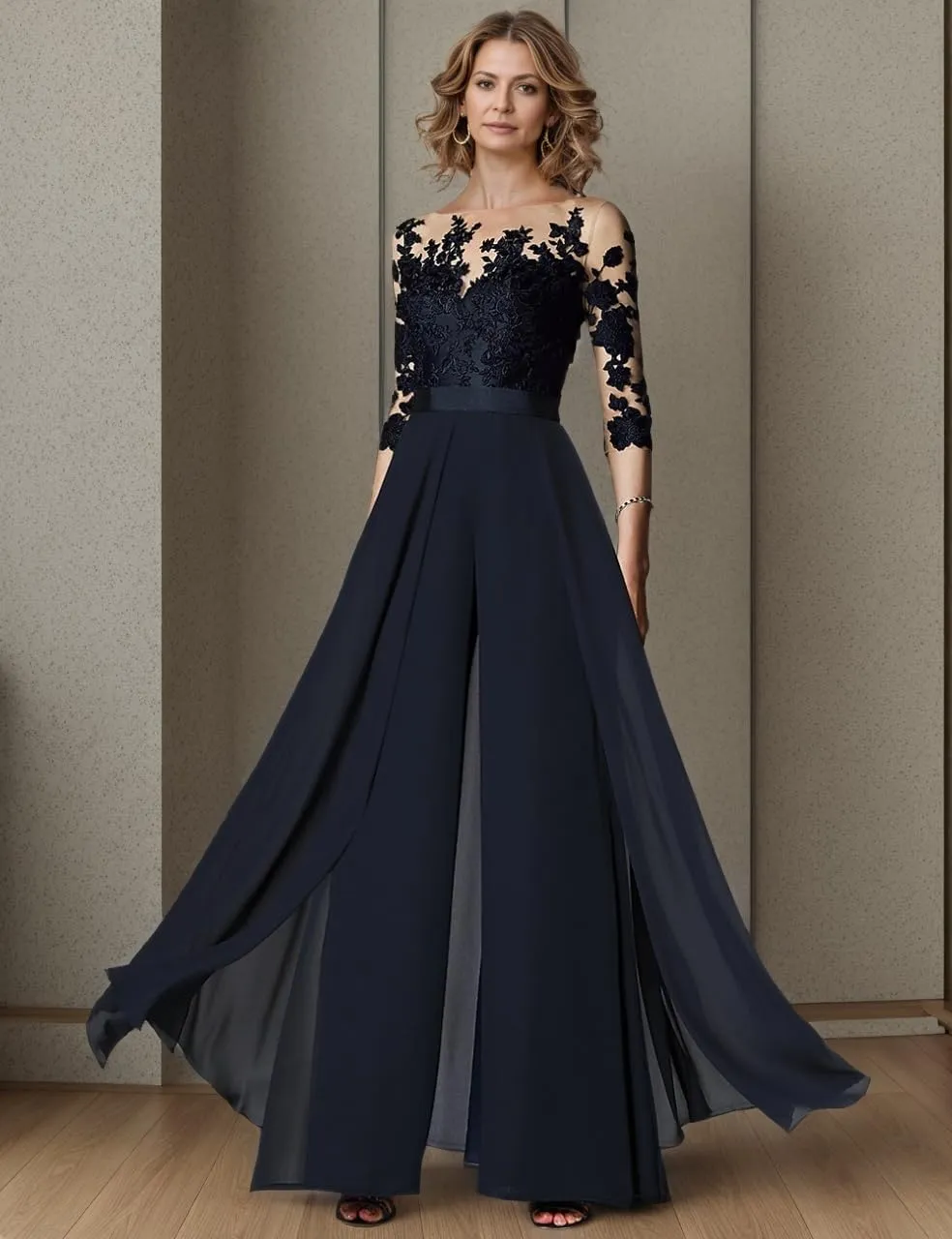 Two Piece Mother of The Bride Wedding Pant Suits with 3/4 Long Sleeves Elegant Formal Jumpsuits Set for Women