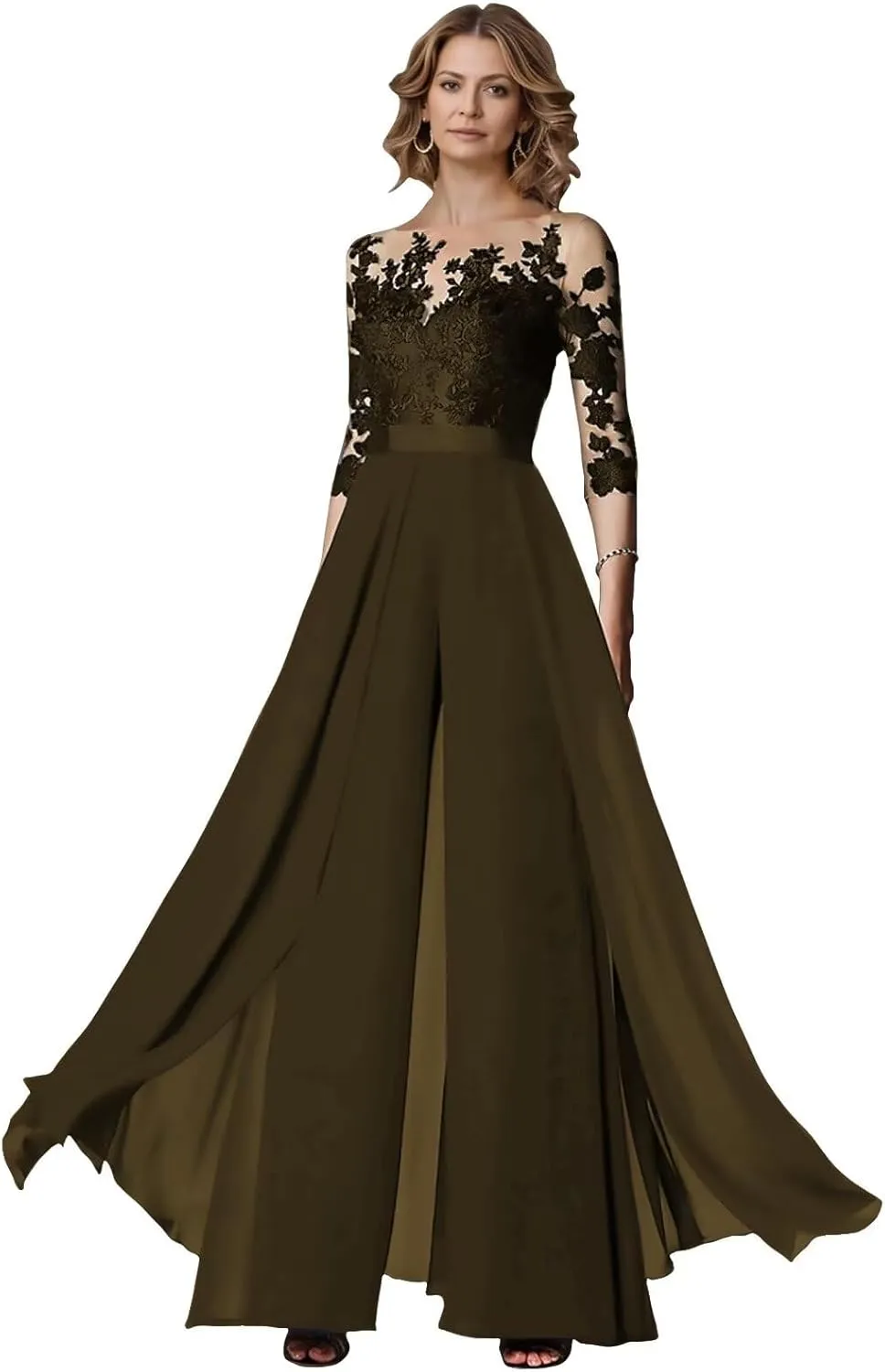 Two Piece Mother of The Bride Wedding Pant Suits with 3/4 Long Sleeves Elegant Formal Jumpsuits Set for Women