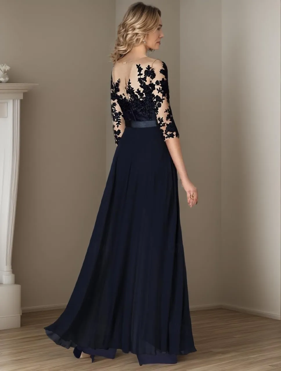 Two Piece Mother of The Bride Wedding Pant Suits with 3/4 Long Sleeves Elegant Formal Jumpsuits Set for Women