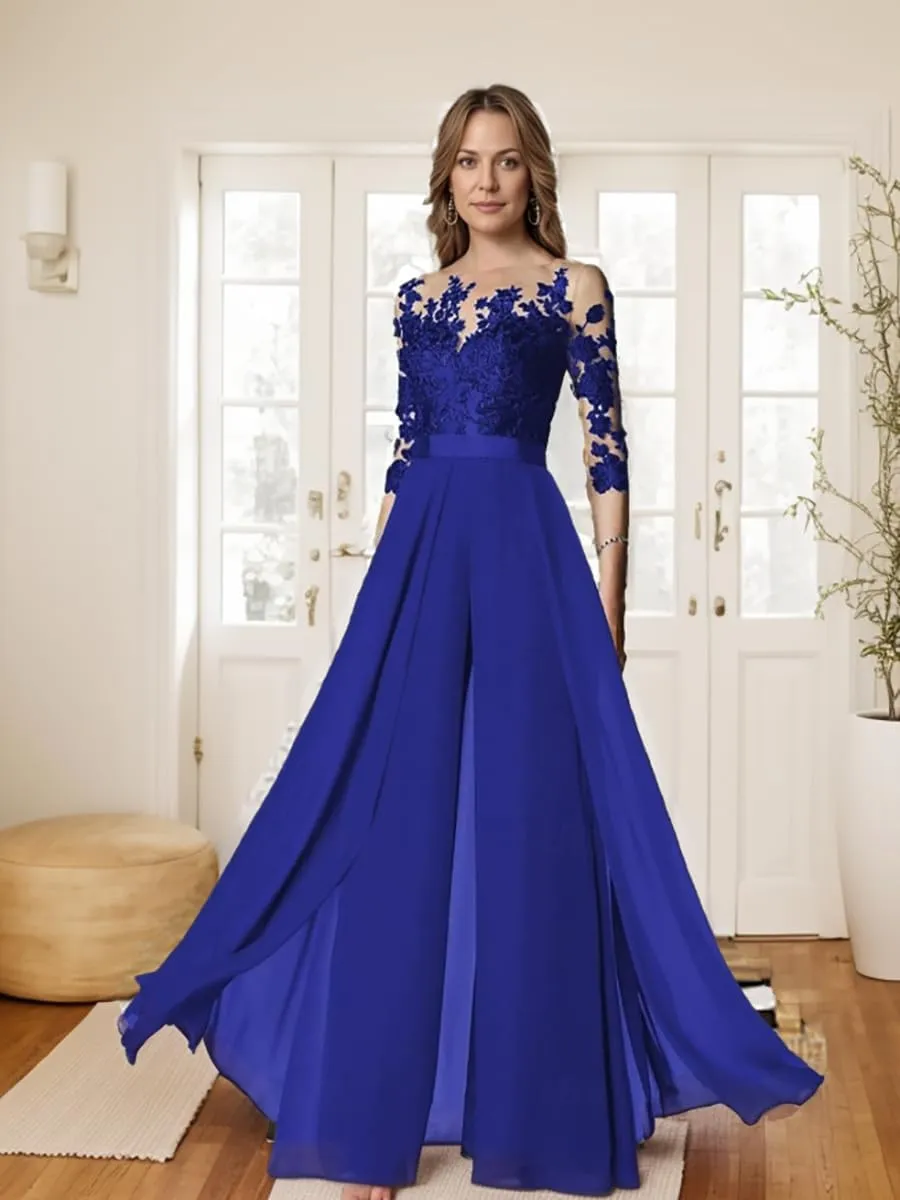 Two Piece Mother of The Bride Wedding Pant Suits with 3/4 Long Sleeves Elegant Formal Jumpsuits Set for Women