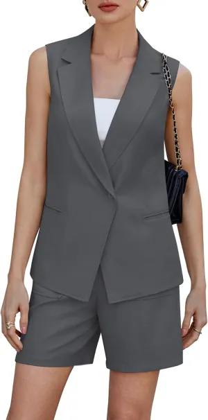 Two Piece Sets for Women Blazer Suit Asymmetrical Vest Notched Collar Summer Shorts Business Casual Outfits