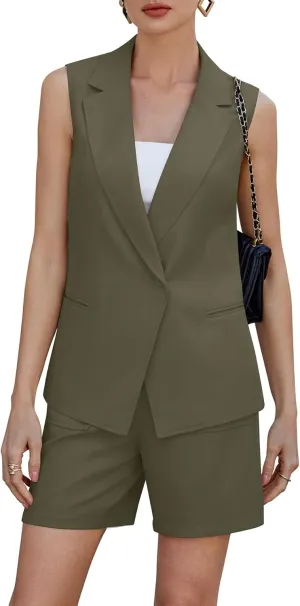 Two Piece Sets for Women Blazer Suit Asymmetrical Vest Notched Collar Summer Shorts Business Casual Outfits