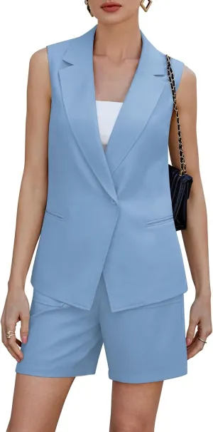 Two Piece Sets for Women Blazer Suit Asymmetrical Vest Notched Collar Summer Shorts Business Casual Outfits