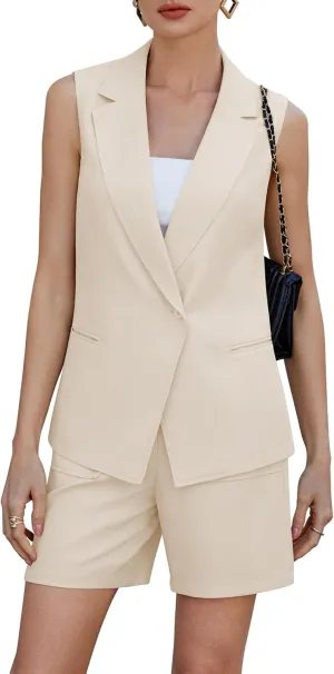 Two Piece Sets for Women Blazer Suit Asymmetrical Vest Notched Collar Summer Shorts Business Casual Outfits