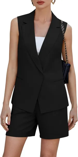 Two Piece Sets for Women Blazer Suit Asymmetrical Vest Notched Collar Summer Shorts Business Casual Outfits