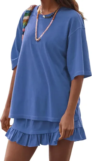 Two Piece Skirt Set for Women Summer Casual Short Sleeve Tops Peplum Pleated Mini Skorts Going Out Lounge Outfits