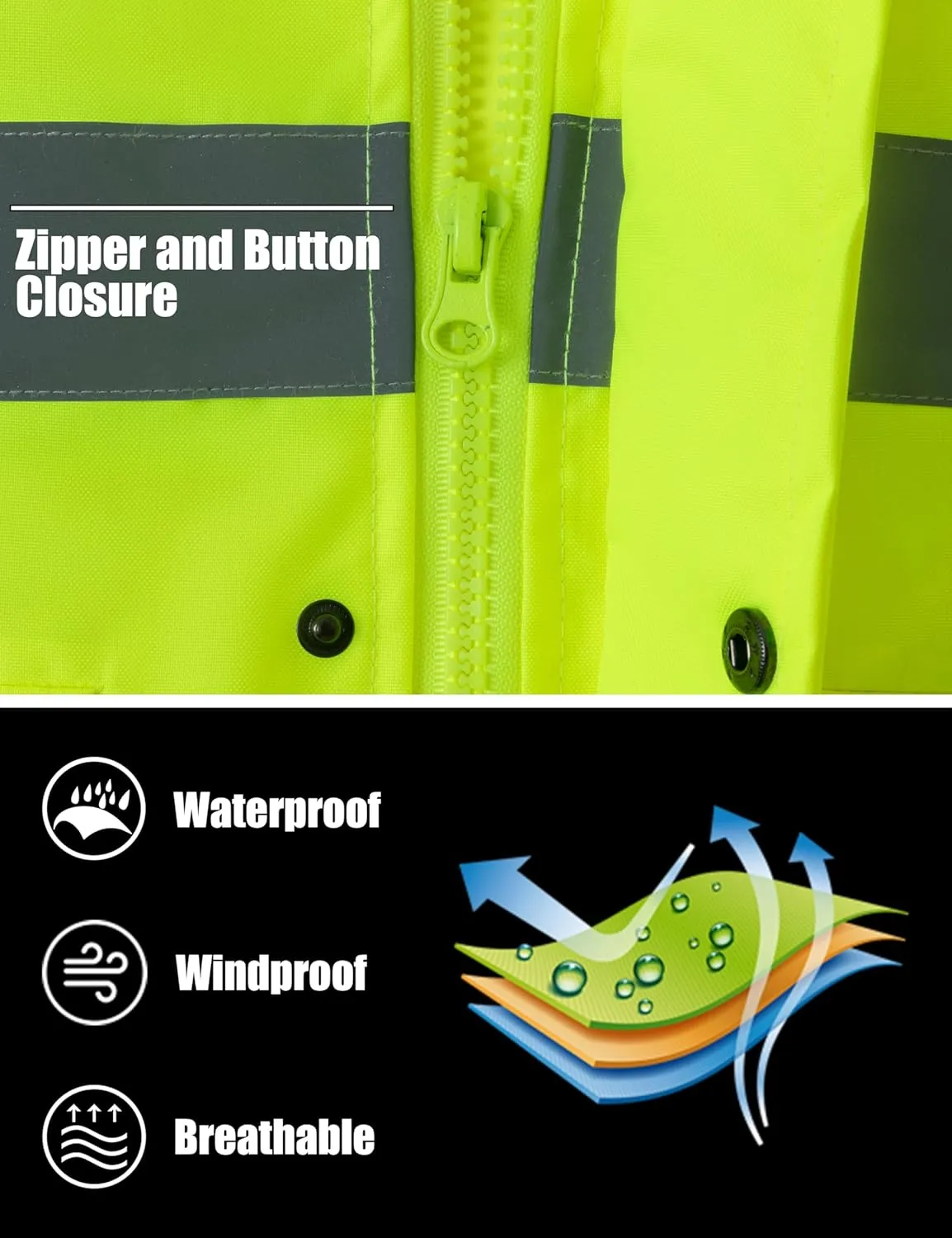 Ubon Men's Reflective Rain Jacket, Waterproof Hi Vis Rain Coat Safety High Visibility Raincoat with Detachable Hood