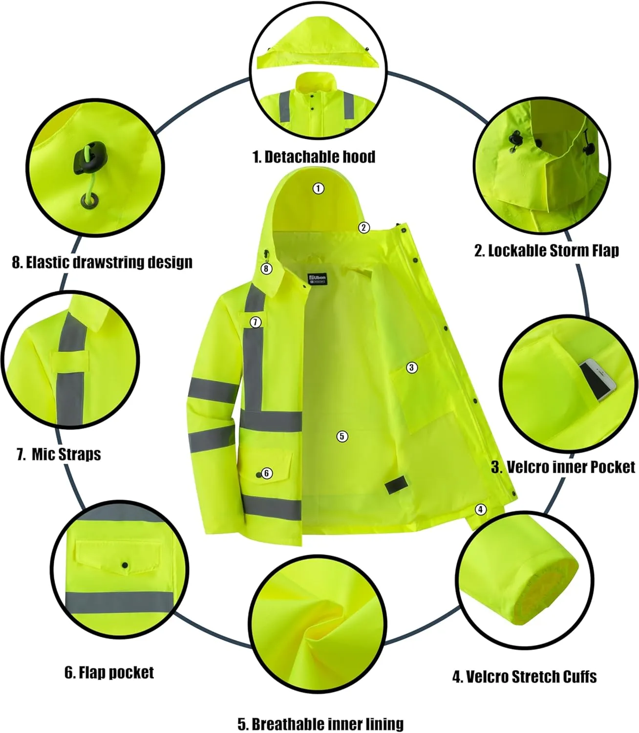 Ubon Men's Reflective Rain Jacket, Waterproof Hi Vis Rain Coat Safety High Visibility Raincoat with Detachable Hood